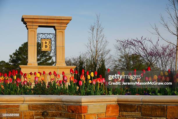 welcome to bentonville sign in spring flowers - arkansas stock-fotos und bilder