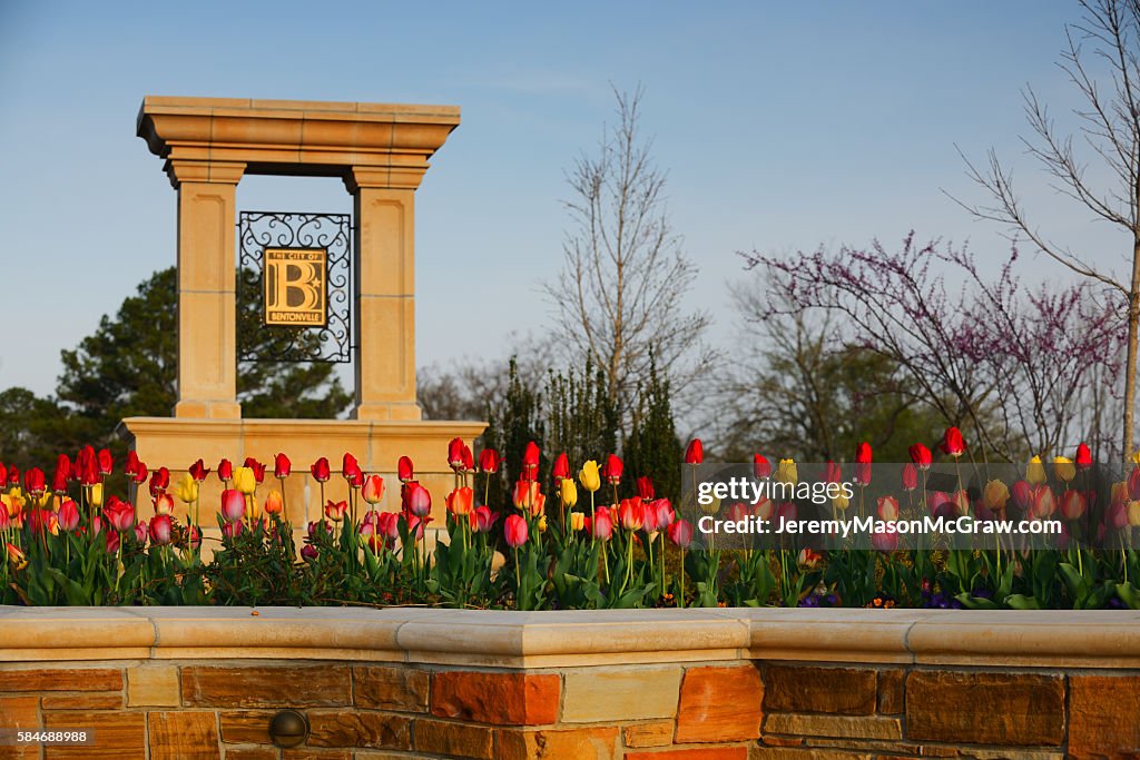 Welcome to Bentonville Sign in Spring Flowers