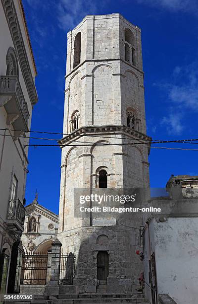 Monte Sant Angelo, Grotto Church, Basilica di San Michele, octagonal bell tower, Gargano, Apulia, Italy.