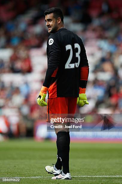 Adam Federici of Bournemouth during a pre-season match between Bournemouth and Cardiff City at Goldsands Stadium on July 30, 2016 in Bournemouth,...