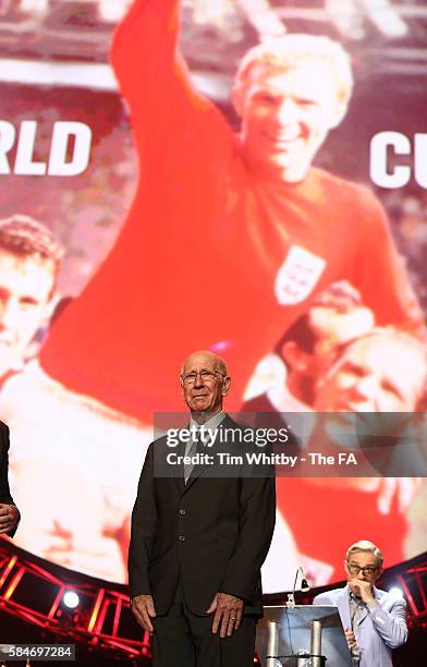 Bobby Charlton receieves a standing ovation during 'World Cup 66 Live' at SSE Arena Wembley on July 30, 2016 in London, England.