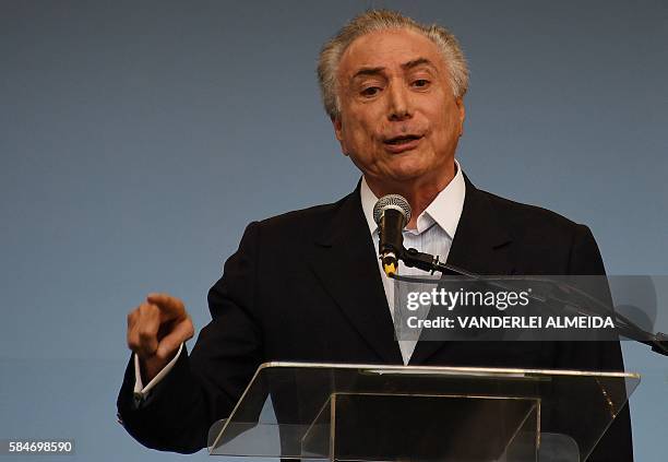 Brazil's acting president Michel Temer speaks during the inauguration of the Line 4 in Rio de Janeiro, Brazil, on July 30, 2016. The Line 4 will link...