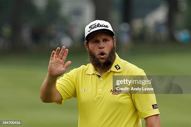 Andrew Johnston of England waves on the third green during the third round of the 2016 PGA Championship at Baltusrol Golf Club on July 30, 2016 in...