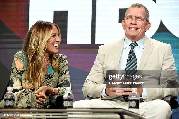 Executive producer/actress Sarah Jessica Parker and actor Thomas Haden Church speak onstage during the 'Divorce' panel discussion at the HBO portion...