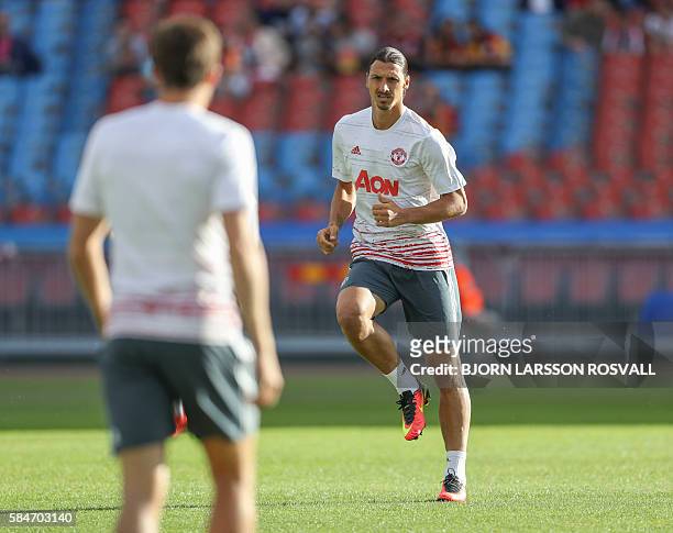 Manchester United's Zlatan Ibrahimovic warms up before the Galatasaray v Manchester United pre-season friendly football match on Ullevi Stadium,...
