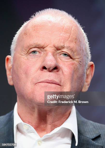 Sir Anthony Hopkins speaks onstage during the 'Westworld' panel discussion at the HBO portion of the 2016 Television Critics Association Summer Tour...