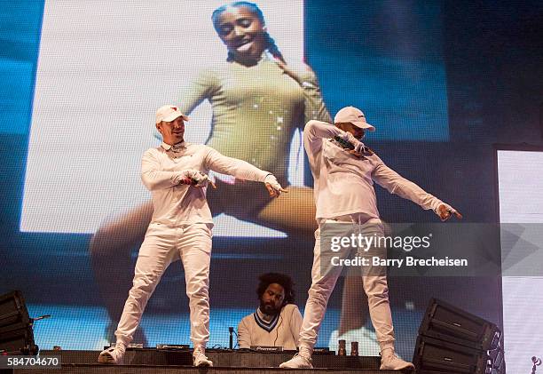 Thomas Wesley Pentz aka Diplo, Christopher Leacock aka Jillionaire and Leighton Walsh aka Walshy Fire of Major Lazer perform during 2016 Lollapalooza...