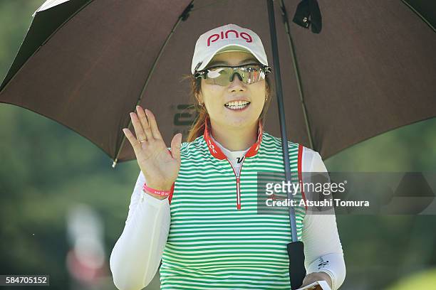 So-Young Kim of South Korea smiles during the second round of the Daito Kentaku Eheyanet Ladies 2016 at the Narusawa Golf Club on July 30, 2016 in...