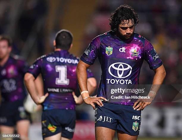 Javid Bowen of the Cowboys looks on during the round 21 NRL match between the North Queensland Cowboys and the Melbourne Storm at 1300SMILES Stadium...