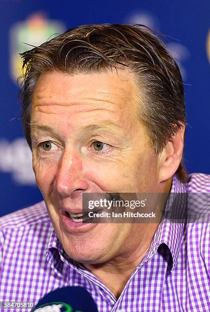 Storm coach Craig Bellamy speaks at the post match media conference at the end of during the round 21 NRL match between the North Queensland Cowboys...