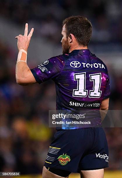 Gavin Cooper of the Cowboys signals during the round 21 NRL match between the North Queensland Cowboys and the Melbourne Storm at 1300SMILES Stadium...