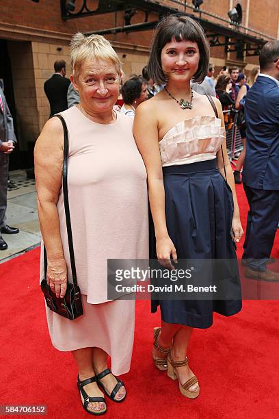 Janine Duvitski and Ruby Bentall attend the press preview of "Harry Potter & The Cursed Child" at The Palace Theatre on July 30, 2016 in London,...