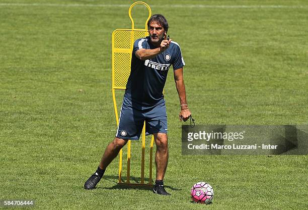 Internazionale Milano new second coach Angelo Gregucci gestures during of the FC Internazionale Juvenile Team training Session on July 30, 2016 in...