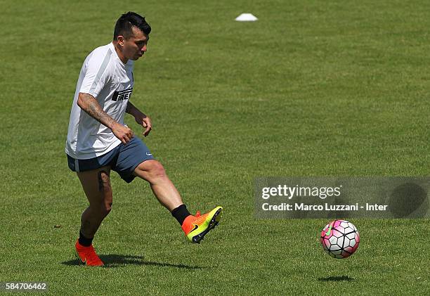 Gary Alexis Medel of FC Internazionale kicks a ball during of the FC Internazionale Juvenile Team training Session on July 30, 2016 in Bruneck,