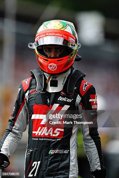 Esteban Gutierrez of Mexico and Haas F1 wallks in the Pitlane during qualifying for the Formula One Grand Prix of Germany at Hockenheimring on July...