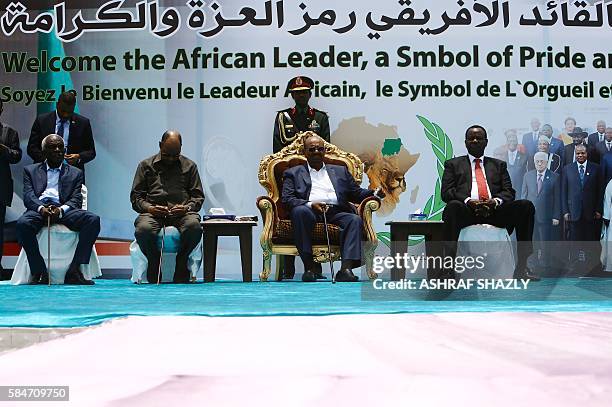 Sudanese President Omar al-Bashir takes part in a ceremony in his honour upon his return in the country from Ethiopa on July 30, 2016 in the capital...