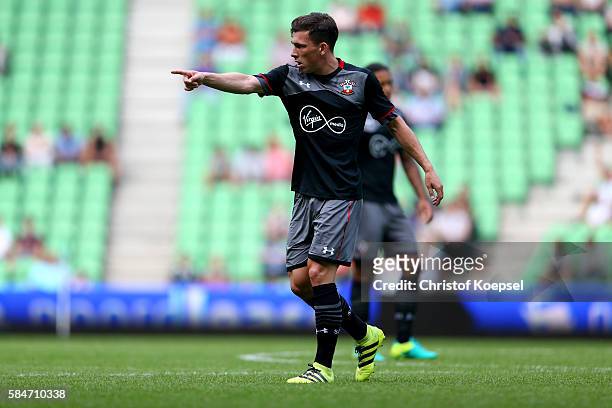 Pierre-Emile Hoejbjerg of Southampton issues instructions during the friendly match between FC Groningen an FC Southampton at Euroborg Stadium on...