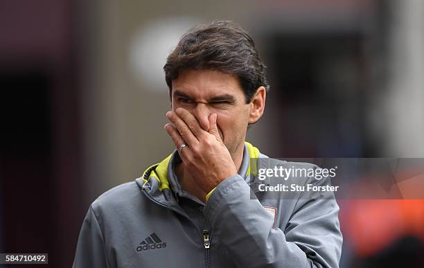 Middesbrough manager Aitor Karanka reacts before the pre- season friendly between Aston Villa and Middlesbrough at Villa Park on July 30, 2016 in...