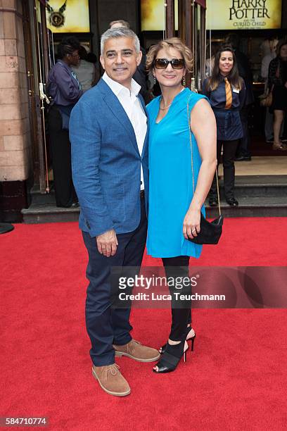 Sadiq Khan and his wife Saadiya Khan attend the press preview of "Harry Potter & The Cursed Child" at Palace Theatre on July 30, 2016 in London,...
