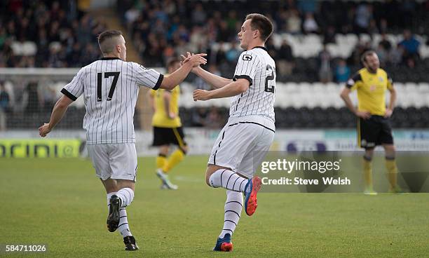Lawrence Shankland celebrates his goal with team mate Lewis Morgan of St Mirren during the BETFRED Cup Group Stage between St Mirren and Edinburgh...