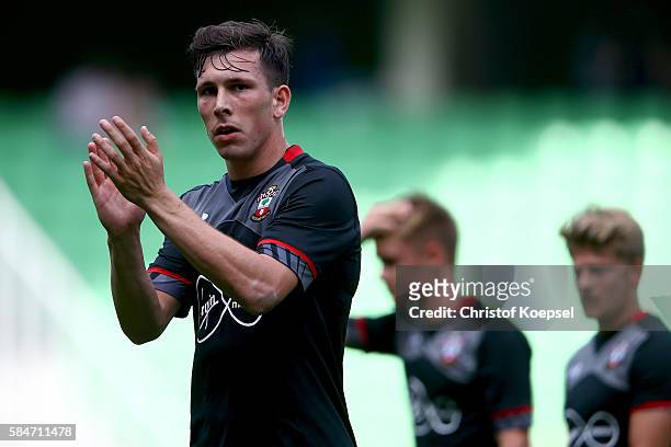 Pierre-Emile Hoejbjerg of Southampton applauds the fans after winning 1-0 the friendly match between FC Groningen an FC Southampton at Euroborg...