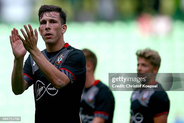 Pierre-Emile Hoejbjerg of Southampton applauds the fans after winning 1-0 the friendly match between FC Groningen an FC Southampton at Euroborg...