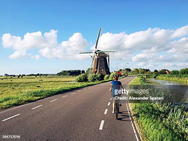 young woman in shorts riding a bike near traditional dutch windmill near maasland, holland, netherlands - netherlands foto e immagini stock