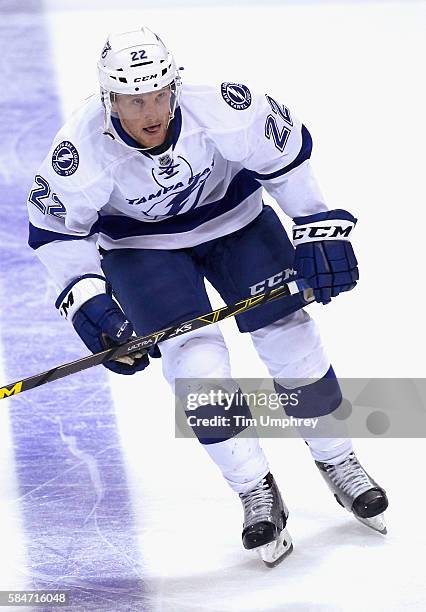 Erik Condra of the Tampa Bay Lightning plays in the game against the St. Louis Blues at the Scottrade Center on October 27, 2015 in St. Louis,...