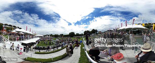 In this image created as a 360 Equirectangular Panorama a view of the parade ring during Qatar Goodwood Festival 2016 Ladies Day at Goodwood on July...