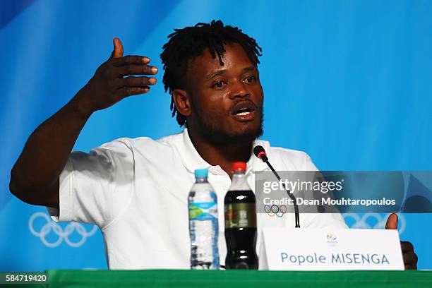 Popole Misenga, a Democratic Republic of Congo Judo fighter, who now represents the team of Refugee Olympic Athletes speaks to the media at the...