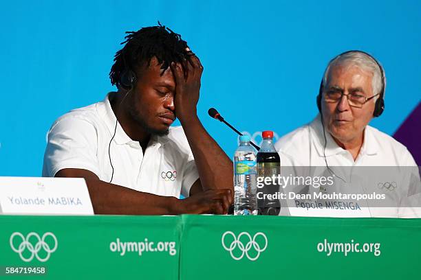 Popole Misenga, a Democratic Republic of Congo Judo fighter, who now represents the team of Refugee Olympic Athletes shows emotion when speaking...