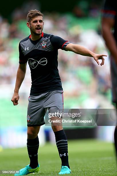 Jack Stephens of Southampton issues instructions during the friendly match between FC Groningen an FC Southampton at Euroborg Stadium on July 30,...