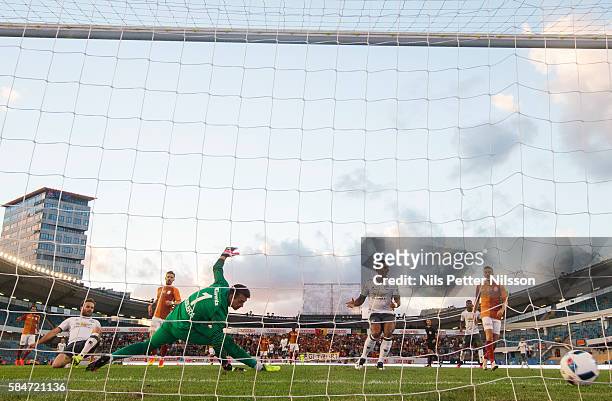 Juan Mata of Manchester United scores to 5-2 during the pre-season Friendly between Manchester United and Galatasaray at Ullevi on July 30, 2016 in...