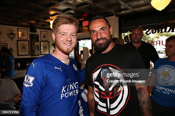 Leicester City's Marcin Wasilewski meet local fans in Ye Olde Kings Head pub in Los Angeles during their Pre-Season US Tour on July 29, 2016 in Los...