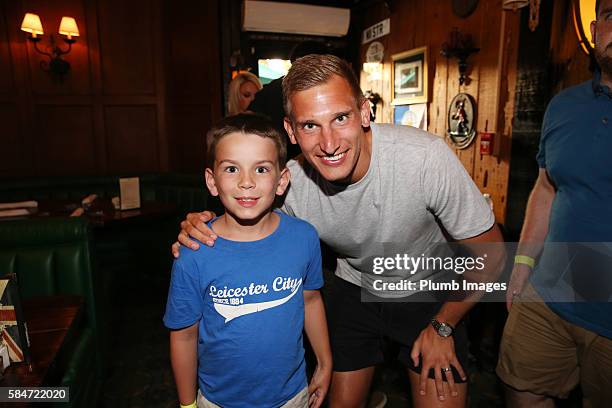 Leicester City's Marc Albrighton meet local fans in Ye Olde Kings Head pub in Los Angeles during their Pre-Season US Tour on July 29, 2016 in Los...