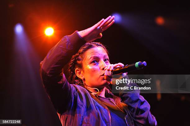 Ana Tijoux performs on stage during Day 3 of the Womad Festival at Charlton Park on July 30, 2016 in Wiltshire, England.