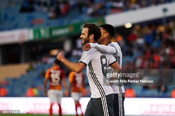 Juan Mata of Manchester United celebrates after scoring to 5-2 during the pre-season Friendly between Manchester United and Galatasaray at Ullevi on...