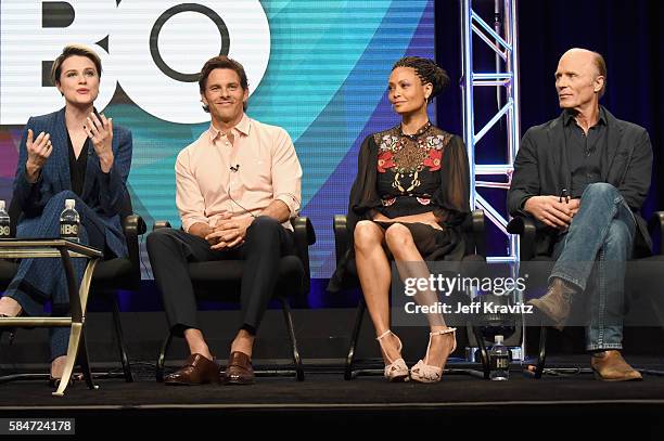Actors Evan Rachel Wood, James Marsden, Thandie Newton and Ed Harris speak onstage during the 'Westworld' panel discussion at the HBO portion of the...