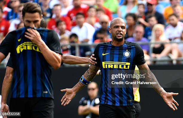 Melo of FC Internazionale reacts during a 4-1 loss to FC Bayern Munich in an International Champions Cup match at Bank of America Stadium on July 30,...