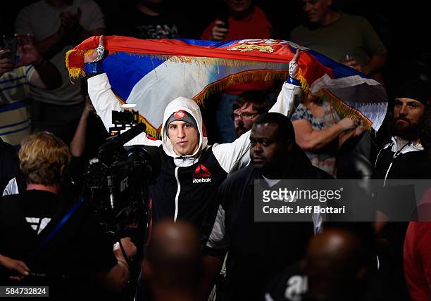 Bojan Velickovic prepares to enter the Octagon before facing Michael Graves in their welterweight bout during the UFC 201 event on July 30, 2016 at...