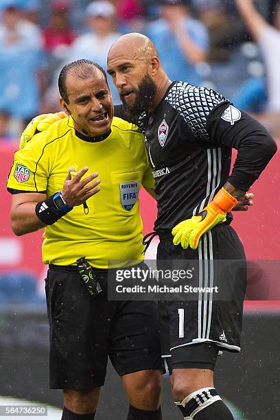 Goalkeeper Tim Howard of Colorado Rapids speaks with the referee during the match vs New York City FC at Yankee Stadium on July 30, 2016 in New York...