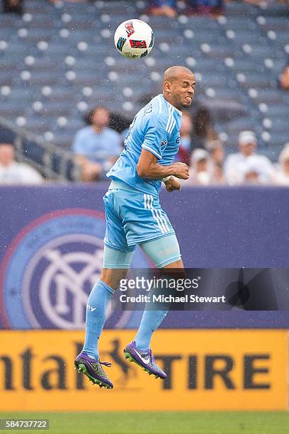 Defender Jason Hernandez of New York City FC heads the ball during the match vs Colorado Rapids at Yankee Stadium on July 30, 2016 in New York City....