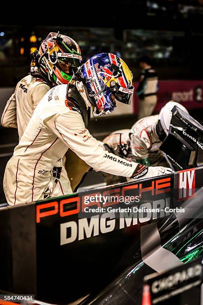 Porsche Team , #1 Porsche 919 Hybrid with Drivers Timo Bernhard , Mark Webber and Brendon Hartley driver change during the 84th running of the Le...