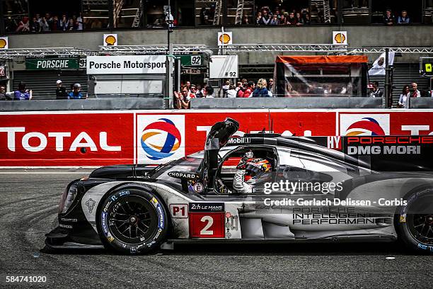 Porsche Team , #2 Porsche 919 Hybrid with Drivers Romain Dumas , Mark Lieb and Neel Jani WINS during the 84th running of the Le Mans 24 Hours on June...