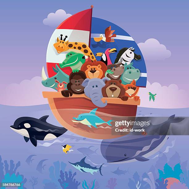 group of wild animals sailing - cartoon whale stock illustrations