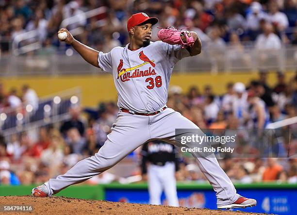 Jerome Williams of the St. Louis Cardinals pitches during the game at Marlins Park on July 30, 2016 in Miami, Florida.