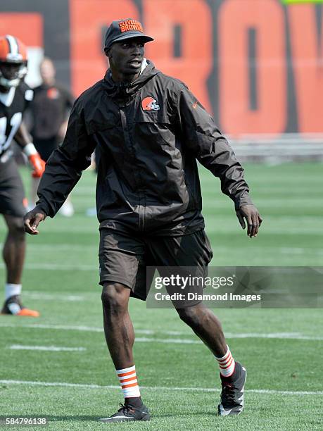 Special assistant coach Chad Johnson of the Cleveland Browns takes part in a drill during a training camp on July 29, 2016 at the Cleveland Browns...