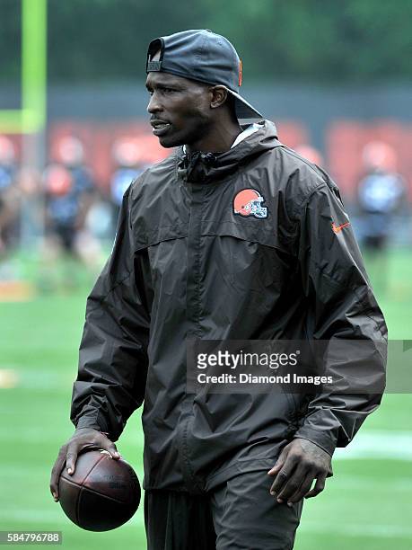 Special assistant coach Chad Johnson of the Cleveland Browns walks downfield during a training camp on July 29, 2016 at the Cleveland Browns training...