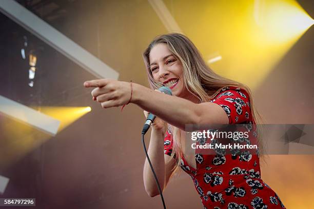 Este Haim performs with HAIM on Day 2 of the Osheaga Music and Art Festival at Parc Jean-Drapeau on July 30, 2016 in Montreal, Canada.