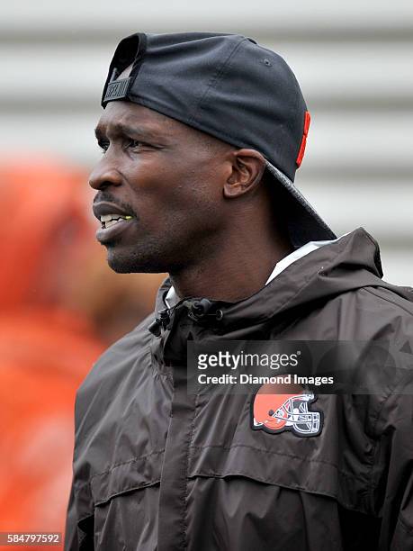 Special assistant coach Chad Johnson of the Cleveland Browns walks onto the field during a training camp on July 29, 2016 at the Cleveland Browns...